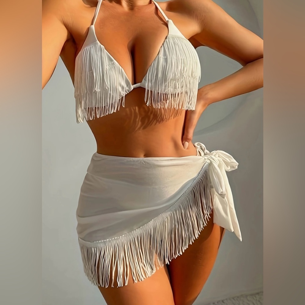 SHENHE White Shimmer Fringe Halter Triangle Bikini & Sarong 3pc Women’s XL